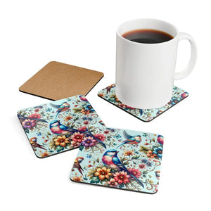 Birds Corkwood Coasters - Vibrant Floral Design - Dipaliz - Cork / 3.75’’ × / Square