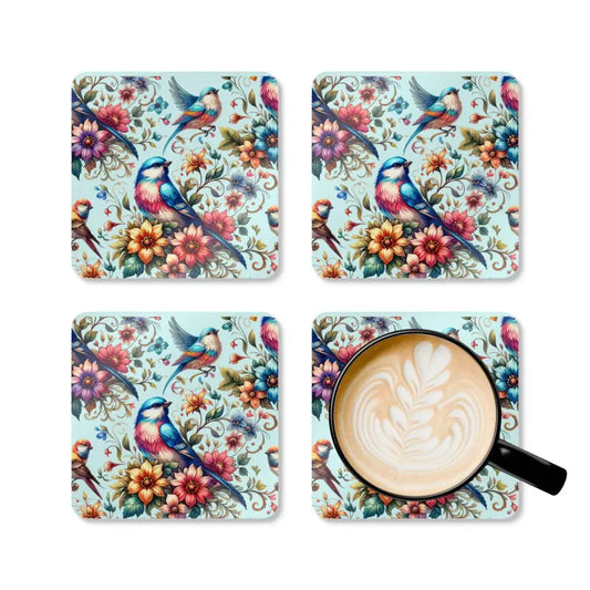 Nature-inspired Bird and Flower Corkwood Coasters Set - Cork / 3.75’’ × / Square Home Decor