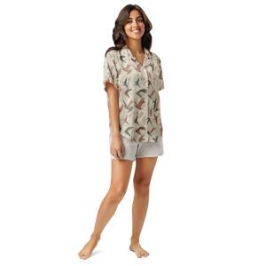 Satin Birds Print Short Sleeve Pajama - Silky Loungewear - Dipaliz - Clothing Tops - s
