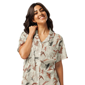 Satin Birds Print Short Sleeve Pajama - Silky Loungewear - Dipaliz - Clothing Tops - s