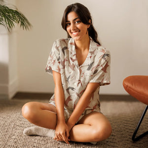 Satin Birds Print Short Sleeve Pajama - Silky Loungewear - Dipaliz - Clothing Tops - s