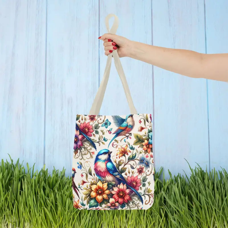 Chic Tote Bag with Black Cotton Handles and Floral Birds Design - 13’’ × / Beige Bags