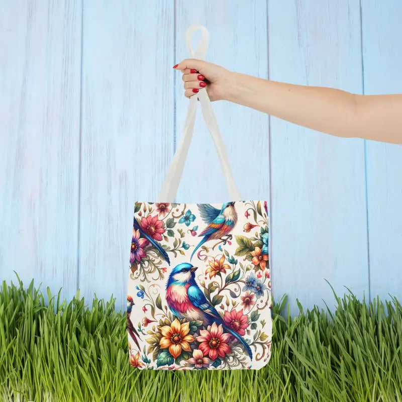 Chic Tote Bag with Black Cotton Handles and Floral Birds Design - 13’’ × / White Bags