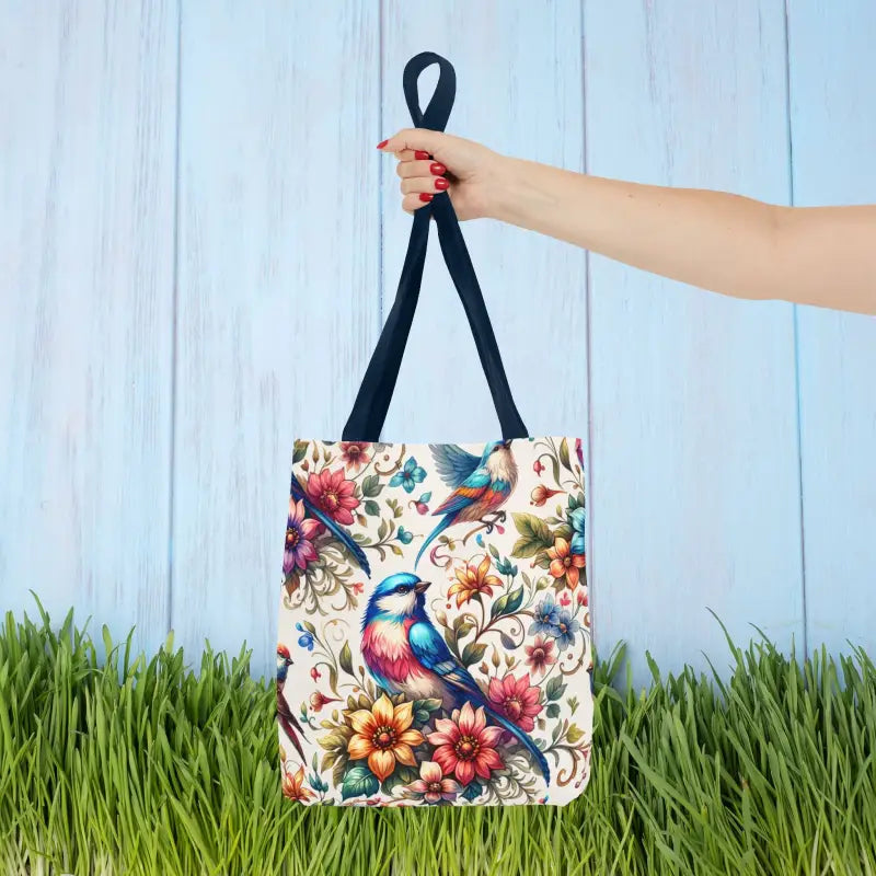 Chic Tote Bag with Black Cotton Handles and Floral Birds Design - 13’’ × / Navy Bags