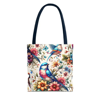 Chic Tote Bag with Black Cotton Handles and Floral Birds Design - Bags