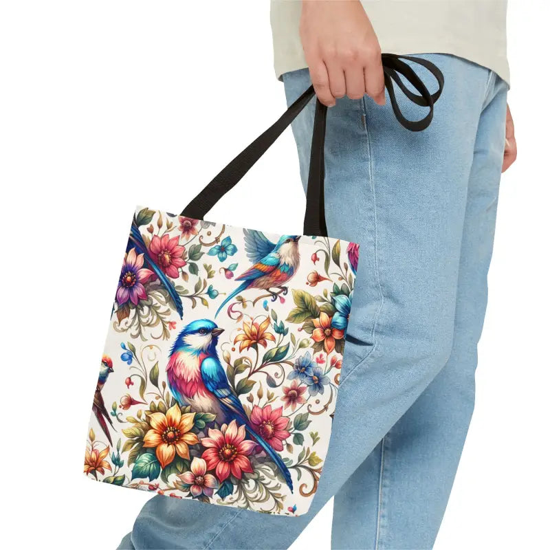 Chic Tote Bag with Black Cotton Handles and Floral Birds Design - Bags