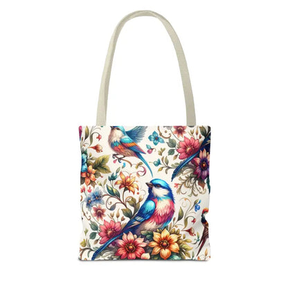 Chic Tote Bag with Black Cotton Handles and Floral Birds Design - Bags