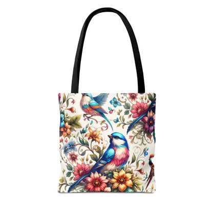 Chic Tote Bag with Black Cotton Handles and Floral Birds Design - Bags