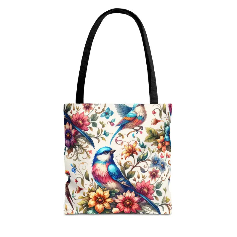 Chic Tote Bag with Black Cotton Handles and Floral Birds Design - Bags