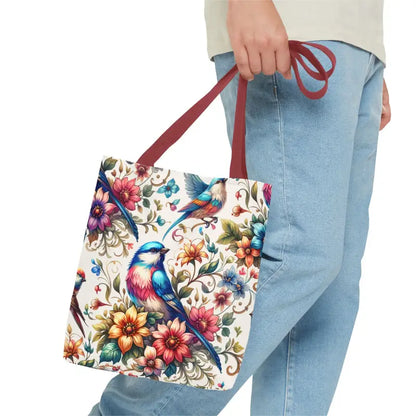 Chic Tote Bag with Black Cotton Handles and Floral Birds Design - Bags