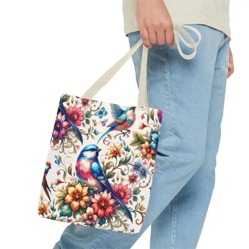 Chic Tote Bag with Black Cotton Handles and Floral Birds Design - Bags