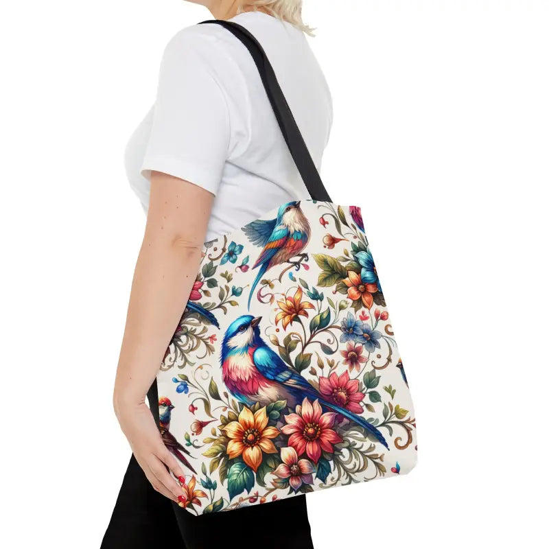 Mesmerizing Birds and Flowers Tote Bag with Black Cotton Handles - Medium Bags