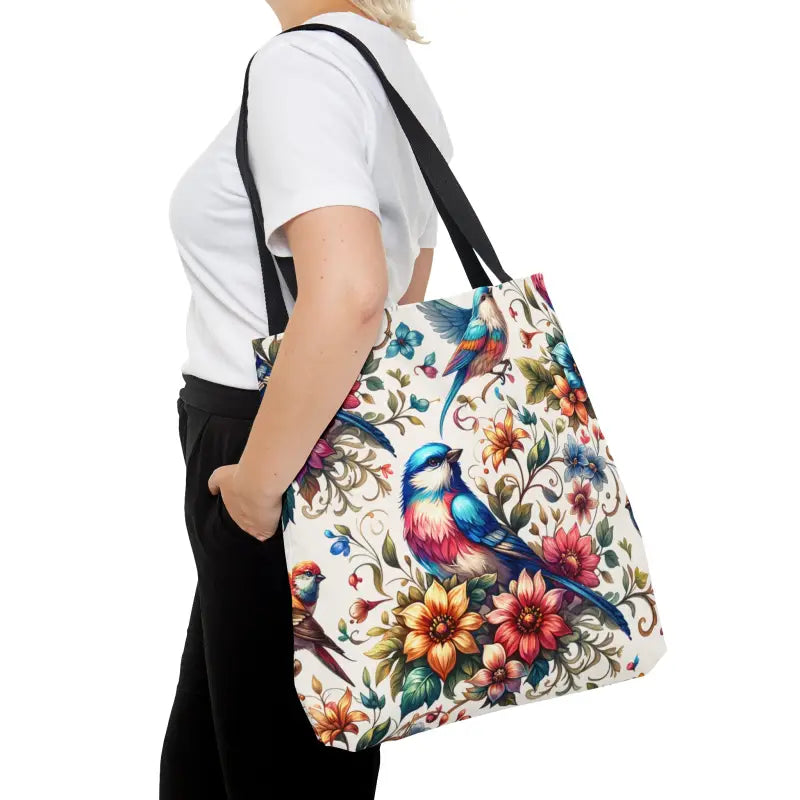 Mesmerizing Birds and Flowers Tote Bag with Black Cotton Handles - Large Bags