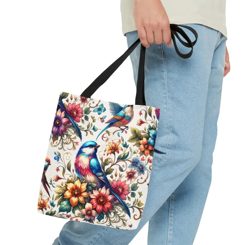 Mesmerizing Birds and Flowers Tote Bag with Black Cotton Handles - Small Bags