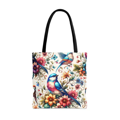 Mesmerizing Birds and Flowers Tote Bag with Black Cotton Handles - Bags