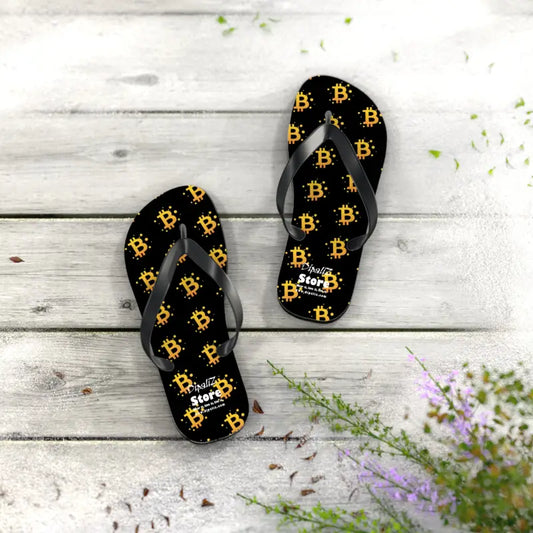 Steal the Spotlight with Bitcoin Symbol Flip Flops - s / Black Sole Slippers