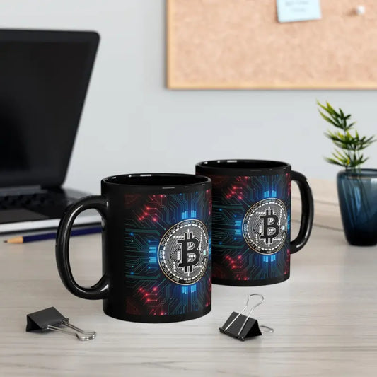 Charge Up your Coffee: Bitcoin Circuit Black Mug - 11oz