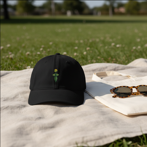 Black botanical hat styled for a picnic