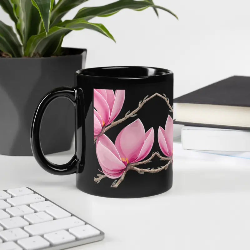 Elevate Mornings with Dipaliz Black Glossy Pink Magnolias Mug - 11oz