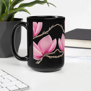 Black Glossy Mug with Pink Magnolias Design - Dipaliz - 15oz - Mugs