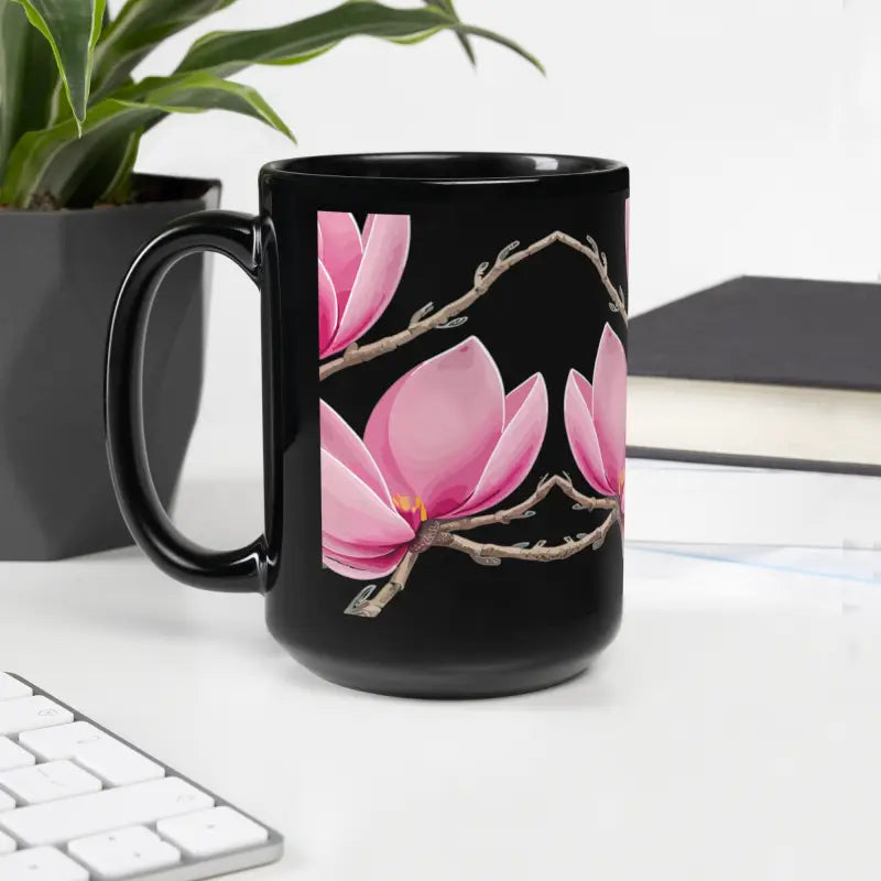 Elevate Mornings with Dipaliz Black Glossy Pink Magnolias Mug - 15oz