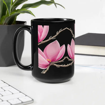 Elevate Mornings with Black Glossy Mug & Pink Magnolias! - 15oz