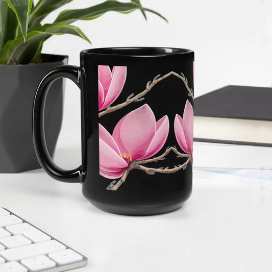 Black Glossy Mug with Pink Magnolias: Start your Day Bright - 15oz