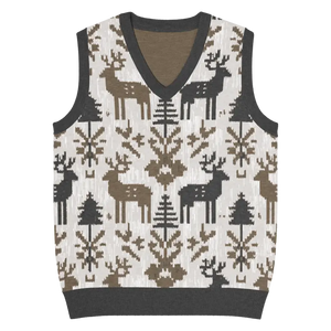 Christmas Reindeers Print Knit Vest - Festive Black White - Dipaliz - s - Vests