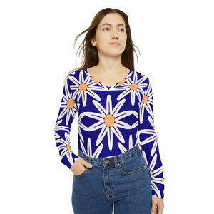 Long Sleeve v Neck White Flower Pattern Chic Top - Dipaliz - T-shirts