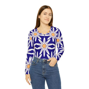 Long Sleeve v Neck White Flower Pattern Chic Top - Dipaliz - Xs - T-shirts