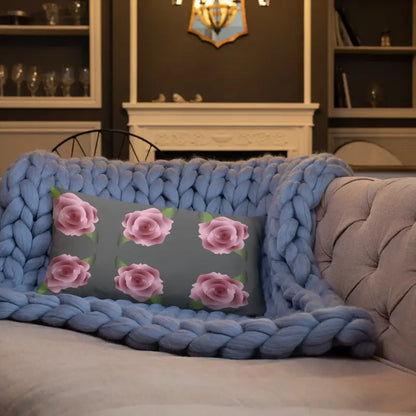 Blissful Grey Throw Pillow with Enchanting Pink Roses - Home Decor