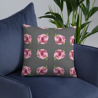 Blissful Grey Throw Pillow with Enchanting Pink Roses - Home Decor