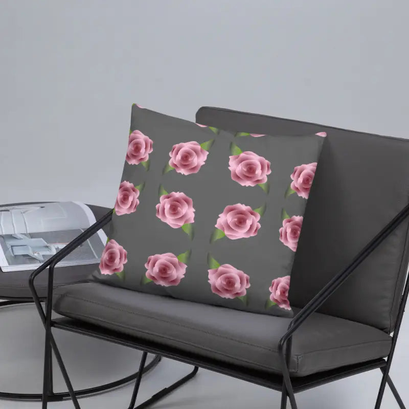 Blissful Grey Throw Pillow with Enchanting Pink Roses - Home Decor