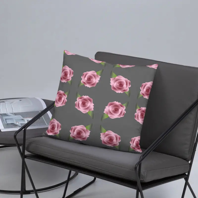 Blissful Grey Throw Pillow with Enchanting Pink Roses - Home Decor