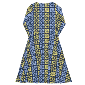 Long Sleeve Midi Dress Blue Yellow Polyester Elegant - Dipaliz - Dresses