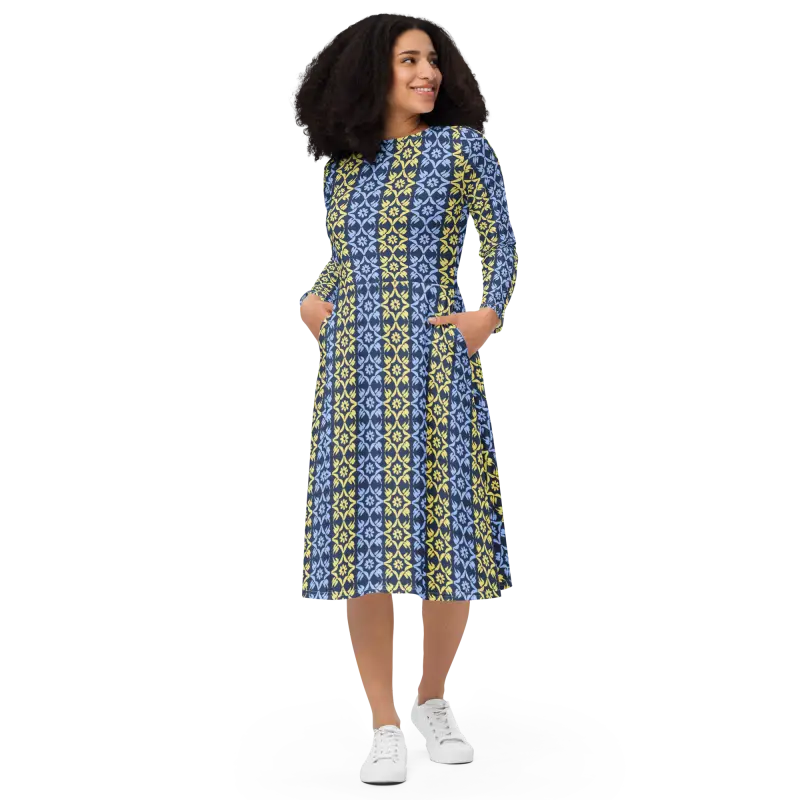 Enchanting Blue & Yellow Long Sleeve Midi Dress - Dresses