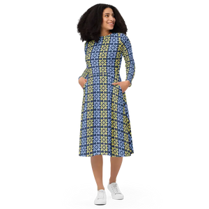 Long Sleeve Midi Dress Blue Yellow Polyester Elegant - Dipaliz - Dresses