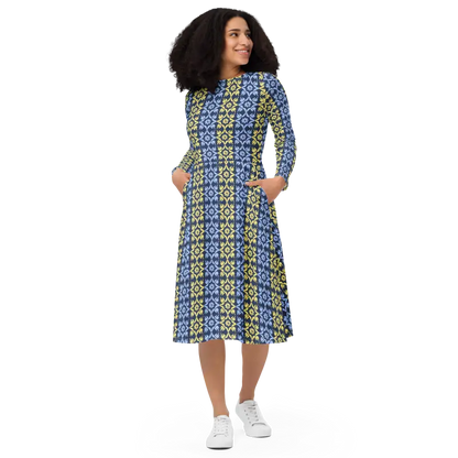 Enchanting Blue & Yellow Long Sleeve Midi Dress - Dresses