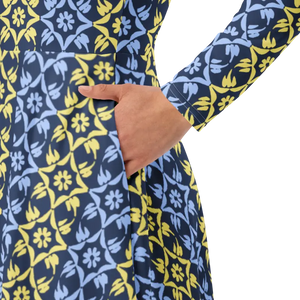 Long Sleeve Midi Dress Blue Yellow Polyester Elegant - Dipaliz - Dresses