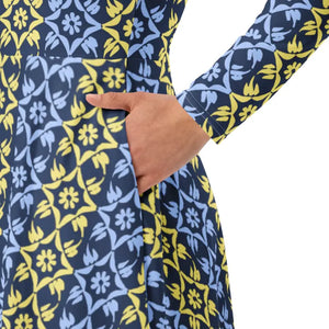 Long Sleeve Midi Dress Blue Yellow Polyester Elegant - Dipaliz - Dresses