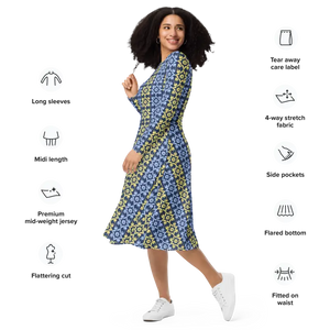 Long Sleeve Midi Dress Blue Yellow Polyester Elegant - Dipaliz - Dresses