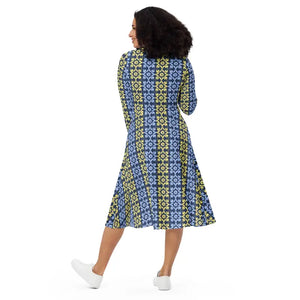 Long Sleeve Midi Dress Blue Yellow Polyester Elegant - Dipaliz - Dresses