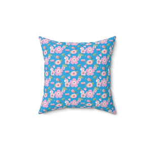 Polyester Square Pillow Pink Flowers Blue Decor - Dipaliz - Throw Pillows