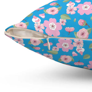 Polyester Square Pillow Pink Flowers Blue Decor - Dipaliz - Throw Pillows