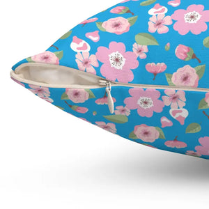 Polyester Square Pillow Pink Flowers Blue Decor - Dipaliz - Throw Pillows