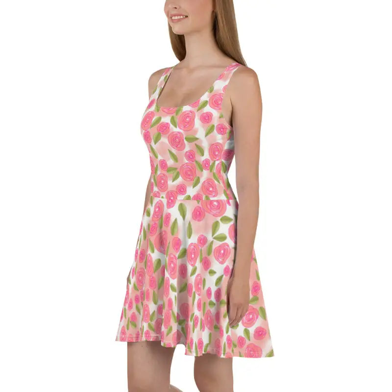 Bloom in Style: Flirty Pink Roses Skater Dress - Dresses