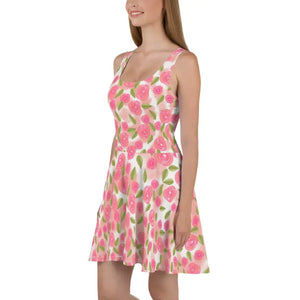 Pink Roses Skater Dress Flared Skirt Floral Style - Dipaliz - Dresses