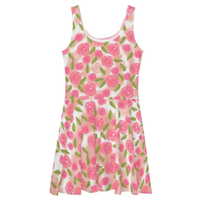 Pink Roses Skater Dress Flared Skirt Floral Style - Dipaliz - Dresses