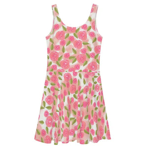 Pink Roses Skater Dress Flared Skirt Floral Style - Dipaliz - Dresses