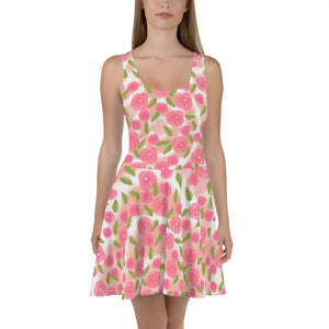 Pink Roses Skater Dress Flared Skirt Floral Style - Dipaliz - Xs - Dresses
